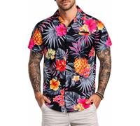 King Kameha Camicia Hawaiana Uomo Maniche Corte - Camicia Uomo Estiva con Stampa Ananas, Camicie Hawaiane da Spiaggia Leggera e Facile da Lavare - Pineapple, Nero/Grigio, 3XL