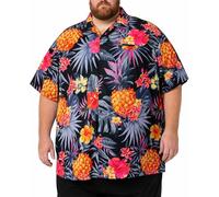 King Kameha Camicia Hawaiana Uomo Maniche Corte - Camicia Uomo Estiva con Stampa Ananas, Camicie Hawaiane da Spiaggia Leggera e Facile da Lavare - Pineapple, Nero/Grigio, 8XL