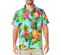 King Kameha Camicia Hawaiana Uomo Maniche Corte - Camicia Uomo Estiva con Stampa Ananas, Camicie Hawaiane da Spiaggia Leggera e Facile da Lavare - Pineapple, Turchese, L
