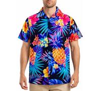 King Kameha Camicia Hawaiana Uomo Maniche Corte - Camicia Uomo Estiva con Stampa Ananas, Camicie Hawaiane da Spiaggia Leggera e Facile da Lavare - Pineapple, Nero/Blu, XL