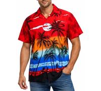 King Kameha Camicia Hawaiana Uomo Maniche Corte - Camicia Uomo Estiva con Stampa Spiaggia, Camicie Hawaiane da Spiaggia Leggera e Facile da Lavare - Beach, Red, L
