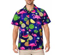 King Kameha Camicia Hawaiana Uomo Maniche Corte, Flamingo Melon, Blu, XS