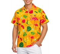 King Kameha Camicia Hawaiana Uomo Maniche Corte, Flamingo Melon, Giallo, M