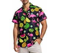 King Kameha Camicia Hawaiana Uomo Maniche Corte, Flamingo Melon, Nero, L