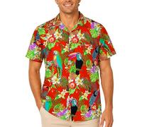King Kameha Camicia Hawaiana Uomo Vintage a Maniche Corte con Stampa Pappagallo e Cacatua