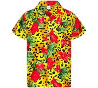 King Kameha Camicia Hawaiana Uomo Vintage a Maniche Corte, Leopard-Flowers, Giallo, S