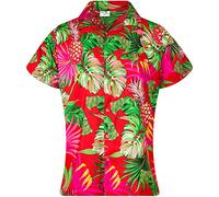 King Kameha Funky-Bluse-Camicie-Hawaiana, Manica-Corta, Pineapple-Leaves, Rosso, XL