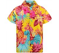 King Kameha Funky - Camicia hawaiana da uomo, a maniche corte, tasca frontale, motivo: foglie di palma, Ananas giallo, XXXXXL