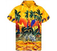 King Kameha Funky, camicia hawaiana da uomo, a maniche corte, tasca frontale, palme, spiaggia, pappagallo, Pappagallo giallo, L