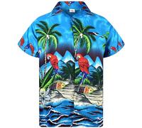 King Kameha Funky, camicia hawaiana da uomo, a maniche corte, tasca frontale, palme, spiaggia, pappagallo, Pappagallo turchese, L