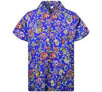 King Kameha Funky, camicia hawaiana da uomo, a maniche corte, tasca frontale, per feste, Halloween, teschi stampati, Teschi blu Multi, L