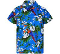King Kameha Funky-Camicia-Hawaiana, Manica-Corta, Cherry-Parrot, Blu, XL
