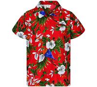 King Kameha Funky-Camicia-Hawaiana, Manica-Corta, Cherry-Parrot, Rosso, L