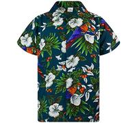King Kameha Funky-Camicia-Hawaiana, Manica-Corta, Cherry-Parrot, Verde-Petrolio, 3XL