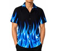 King Kameha Funky-Camicia-Hawaiana, Manica-Corta, Flames, Blu, S