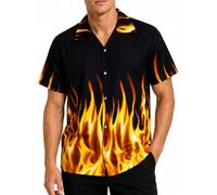King Kameha Funky-Camicia-Hawaiana, Manica-Corta, Flames, Giallo, 4XL
