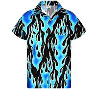 King Kameha Funky-Camicia-Hawaiana, Manica-Corta, Flames Wild, Blu, XXL