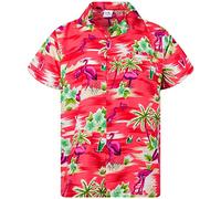 King Kameha Funky-Camicia-Hawaiana, Manica-Corta, Flamingos, Rosso, XL