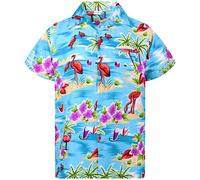King Kameha Funky-Camicia-Hawaiana, Manica-Corta, Flamingos, Turchese, M