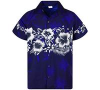 King Kameha Funky-Camicia-Hawaiana, Manica-Corta, Flower-Chest, Blu-Navy, XL
