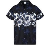 King Kameha Funky-Camicia-Hawaiana, Manica-Corta, Flower-Chest, Nero, 4XL