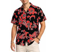 King Kameha Funky-Camicia-Hawaiana, Manica-Corta, Hibiscus, Nero-Rosso, S
