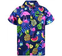 King Kameha Funky-Camicia-Hawaiana, Manica-Corta, JK-Flamingo-Melon-Print, Blu, XL