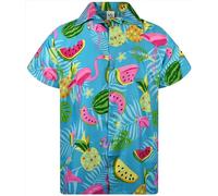 King Kameha Funky-Camicia-Hawaiana, Manica-Corta, JK-Flamingo-Melon-Print, Turchese, XS