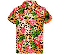 King Kameha Funky-Camicia-Hawaiana, Manica-Corta, Leopard-Flowers, Arancia, XXL