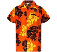 King Kameha Funky-Camicia-Hawaiana, Manica-Corta, Mono-Hibiscus, Arancia-Nero, L