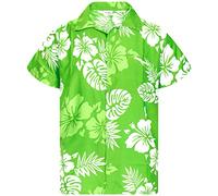 King Kameha Funky-Camicia-Hawaiana, Manica-Corta, Mono-Hibiscus, Verde-Bianco, XXL
