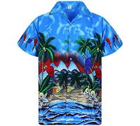 King Kameha Funky-Camicia-Hawaiana, Manica-Corta, Parrot, Blu, S