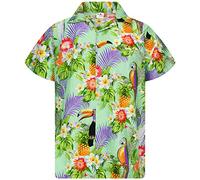 King Kameha Funky-Camicia-Hawaiana, Manica-Corta, Parrot-Cockatoo, Verde-Menta, XL