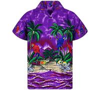 King Kameha Funky-Camicia-Hawaiana, Manica-Corta, Parrot, Viola, XL