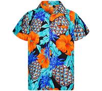 King Kameha Funky-Camicia-Hawaiana, Manica-Corta, Pineapple-Hibiscus, Nero-Turchese, M