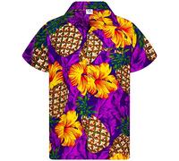 King Kameha Funky-Camicia-Hawaiana, Manica-Corta, Pineapple-Hibiscus, Viola, 6XL