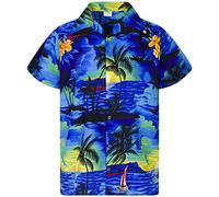 King Kameha Funky-Camicia-Hawaiana, Manica-Corta, Surf, Blu, 4XL