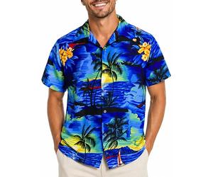 King Kameha Funky-Camicia-Hawaiana, Manica-Corta, Surf, Blu, XXL