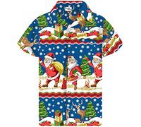 King Kameha Funky-Camicia-Hawaiana, Natale, Manica-Corta, Christmas-Border-Print, Blu, S