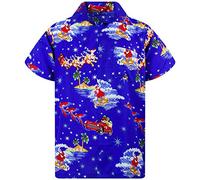 King Kameha Funky-Camicia-Hawaiana, Natale, Manica-Corta, Surf-Santa, Blu, M