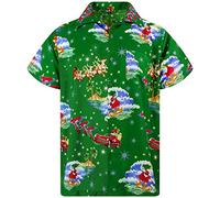 King Kameha Funky-Camicia-Hawaiana, Natale, Manica-Corta, Surf-Santa, Verde, 3XL