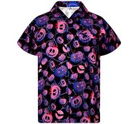 King Kameha Hawaiian Shirt Uomo Funky Casual Button Down Manica Corta Unisex Halloween Spaventoso Zucca Horror Stampe, Pumpkin Web Purple, 3XL