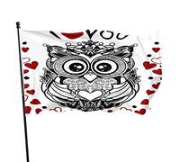 King Owl With Big Eyes Bandiera da giardino 3x5 FT Corona di uccelli animali Cuore rosso Ti amo Romanticismo Citazione Bandiere da cortile in poliestere Casa Patio Prato Striscione di auguri per int