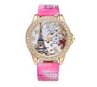 KingbeefLIU Orologio da donna Torre Eiffel strass cinturino in ecopelle quadrante rotondo analogico al quarzo rosa rosso