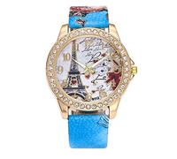 KingbeefLIU Orologio da donna Torre Eiffel strass cinturino in ecopelle quadrante rotondo analogico al quarzo blu