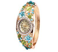 KingbeefLIU Orologio da polso da donna con strass e fiore, quadrante ovale, analogico, al quarzo, colore: blu