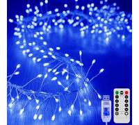 KINGCOO 3M 100LED Luci di Stringa Grappolo con Timer Telecomando,Argento Filo Fuoco d'artificio Fate Catena Luminosa USB Alimentato per Giardino Matrimoni Esterno Interno Festa Natale (Blu)