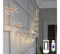 KINGCOO Stringa di luci bianche calde con luce a forma di fuochi d'artificio, funzionamento USB, con telecomando, 8 modalità, catena da appendere, per esterni, interni, casa, Natale, matrimoni, feste,