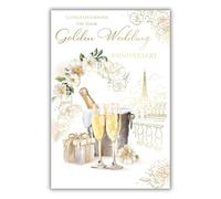 Kingfisher Cards Biglietto d'anniversario d'oro, elegante design floreale per celebrazione della città, finitura laminata, 50° anniversario di matrimonio per una coppia speciale o una persona cara