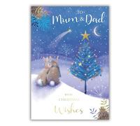 Kingfisher Cards Biglietto di Natale per mamma e papà, design con albero e coniglio, finitura laminata, grazioso biglietto di auguri di Natale per una coppia speciale